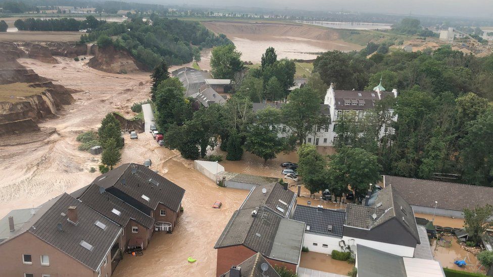 A photo from Rhein-Erft authorities shows the area after heavy rains had triggered flooding in Erftstadt-Blessem, Germany in July 2021