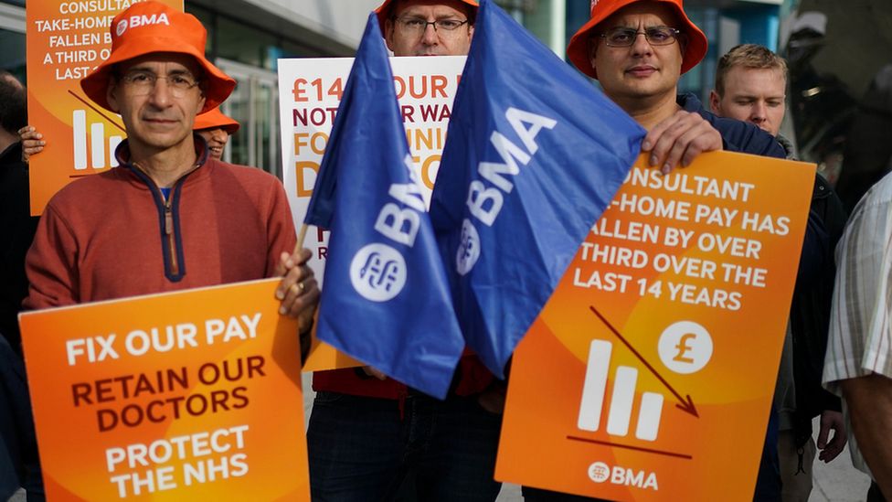 Junior doctors and consultants on a picket line outside Queen Elizabeth Hospital on 2 October