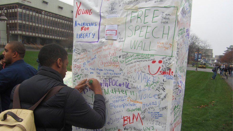 Ithaca College students write messages of protest on the college public free-speech board in Ithaca, New York November 11, 2015.