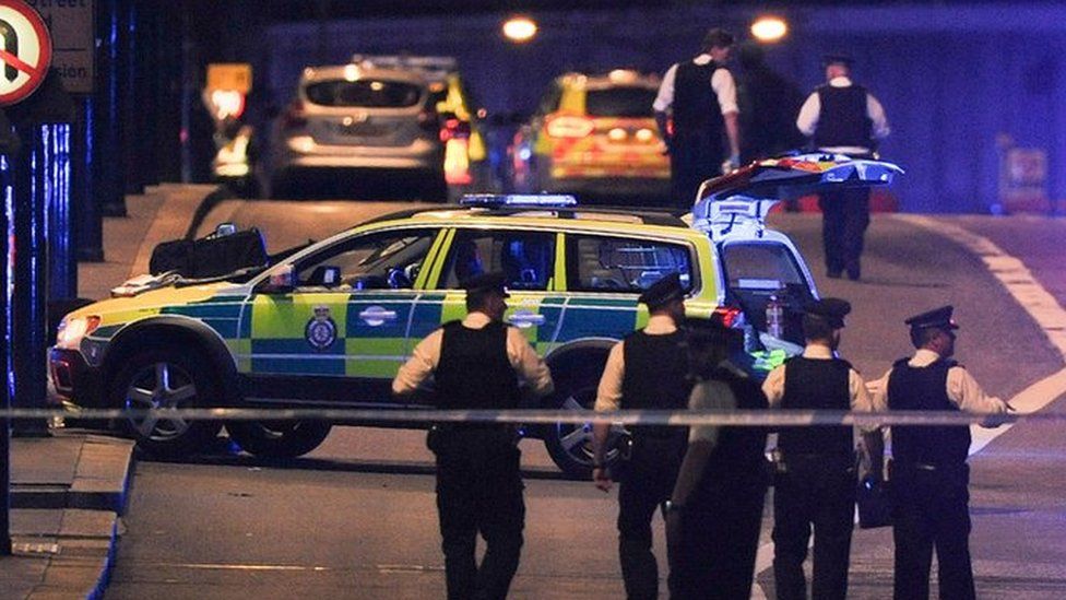 Police officers respond to the London Bridge attack