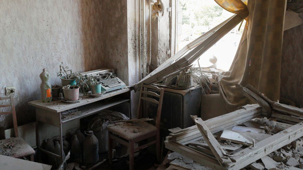 A view of damages inside an administrative building after overnight shelling by shock drones in Kyiv, Ukraine