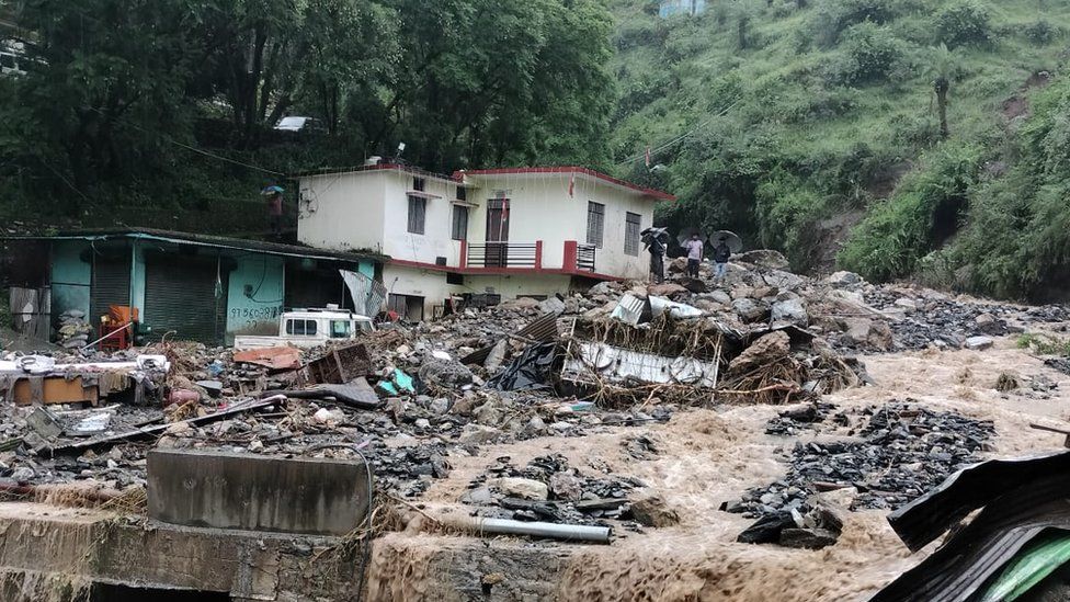 Houses damaged by landslide in Pipalkoti village in Chamoli district in Uttarakhand