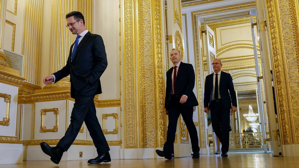 Ireland's former Foreign Minister Simon Coveney, Minister of State in the Northern Ireland Steve Baker and Secretary of State for Northern Ireland Chris Heaton-Harris