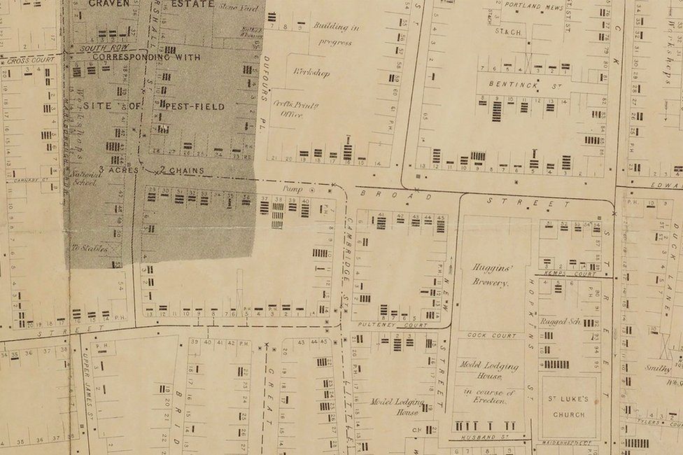 Detail of a plan showing recorded deaths from cholera during the summer and autumn of 1854 in the parishes of St James, Westminster and St Anne, Soho