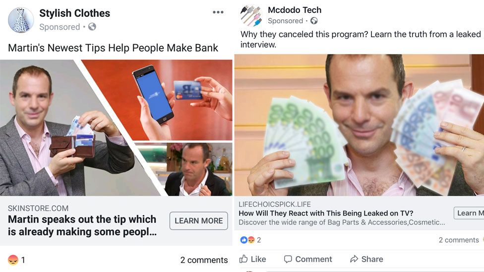 A two-part composite image shows Martin Lewis holding money and credit cards with advertising copy about "making back" and "learning the truth"