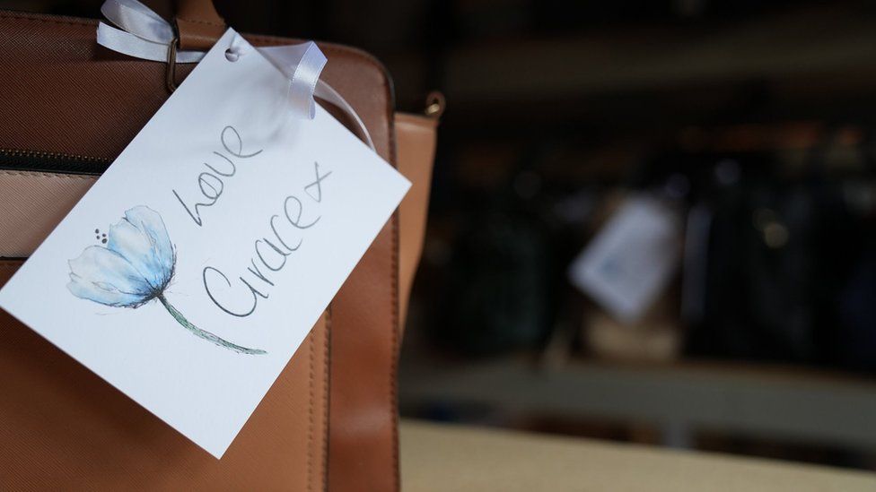 a Love Grace tag on a bag showing Grace's handwriting