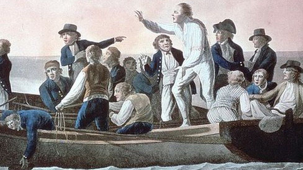 Painting by Robert Dodd depicting Capt Bligh, his crewmen and HMS Bounty