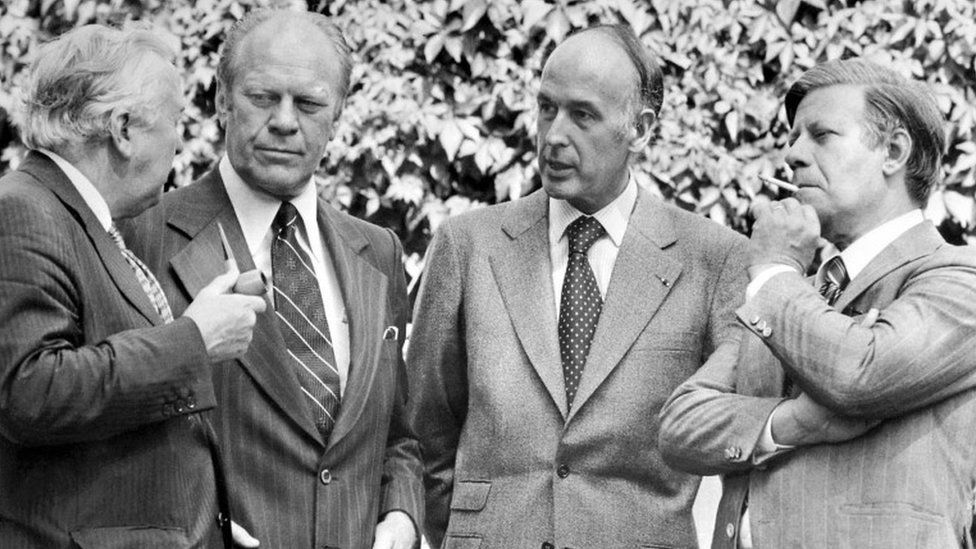Harold Wilson, Gerald Ford, Valery Giscard D'Estaing and Helmut Schmidt