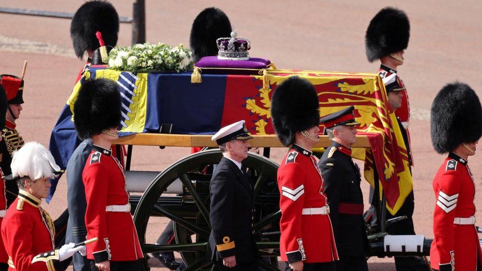 The coffin of Queen Elizabeth II leaves Buckingham Palace for Westminster Hall in London