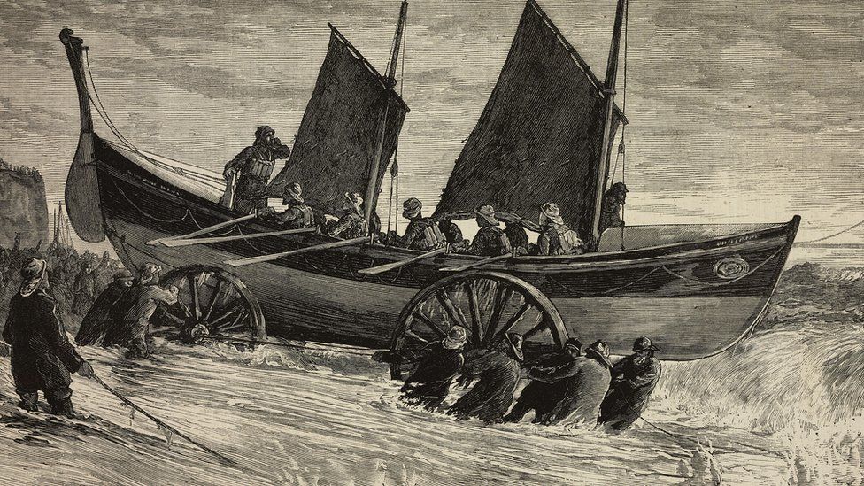 1875 engraving of Brighton Lifeboat being launched