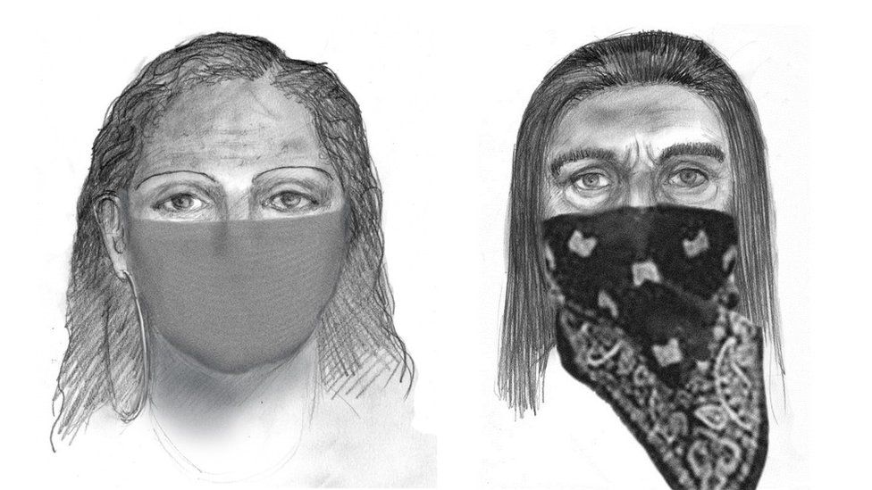 Sketches released by the FBI show both women using balaclavas to hide their faces