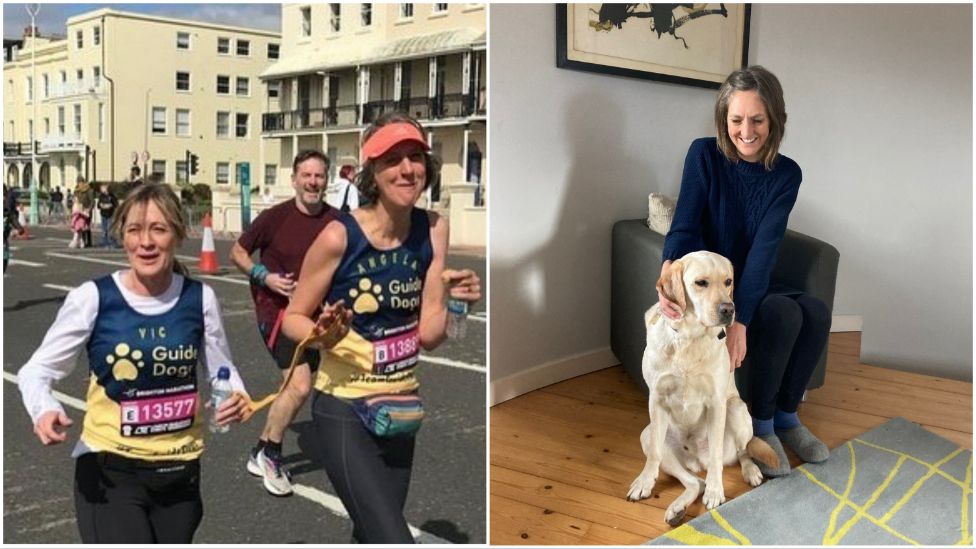 Left: Vicky Graimes running next to Angela Blackwell in the Brighton Marathon, right: Angela Blackwell sitting in a chair stroking Flynn, her dog