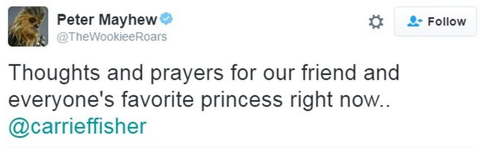 "Thoughts and prayers for our friend and everyone's favorite princess right now.. @carrieffisher"