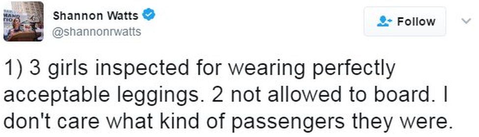 Tweet from Shannon Watts reads: 1) 3 girls inspected for wearing perfectly acceptable leggings. 2 not allowed to board. I don't care what kind of passengers they were.