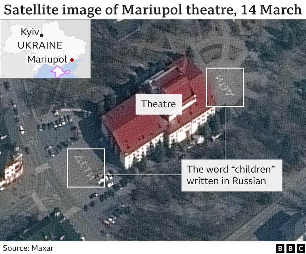 A satellite image from Maxar Technologies taken on 14 March shows an aerial view of the Mariupol Drama Theatre which was bombed on 16 March. The word "children" (in Russian) can be seen written in large white letters visible from above outside the building
