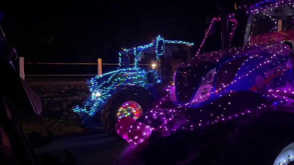 Tractor with Christmas lights