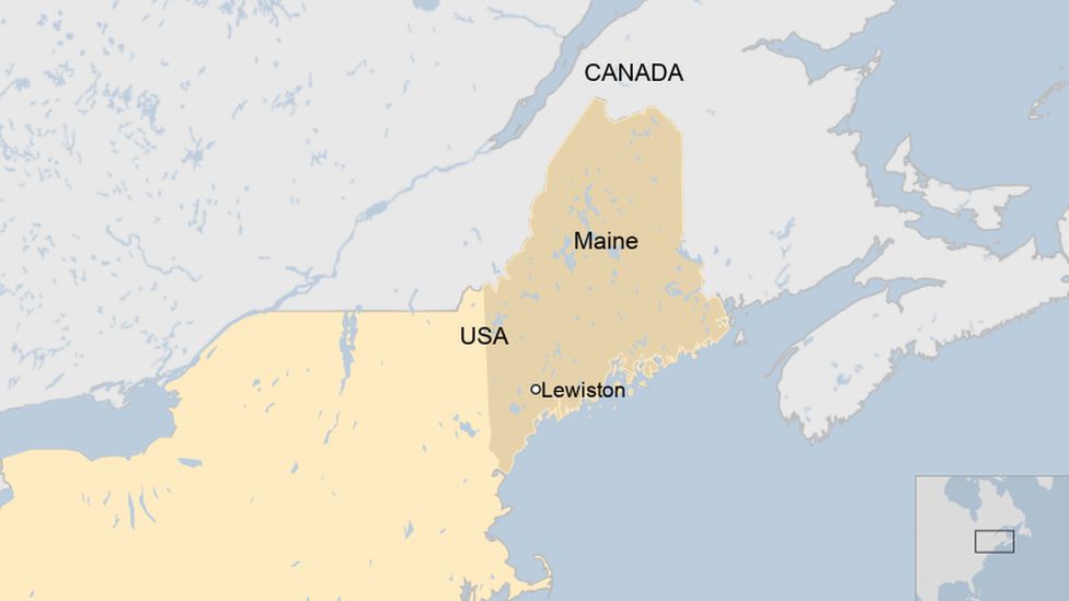 A map showing the state of Maine and the position of the city of Lewiston