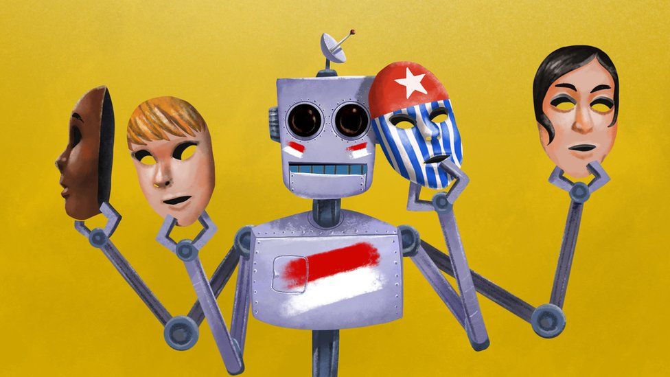 Illustration of a robot holding up several masks