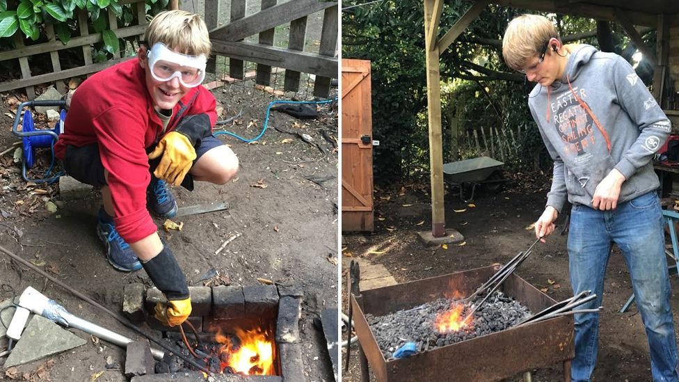 Two pictures side by side. On the left, a young Ben poses with a hole filled with coals. On the right, he is using a forge.