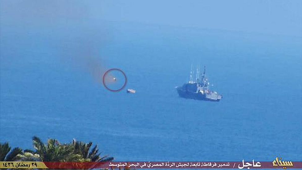 Photo posted online by militants purportedly showing a missile moments before hitting the ship