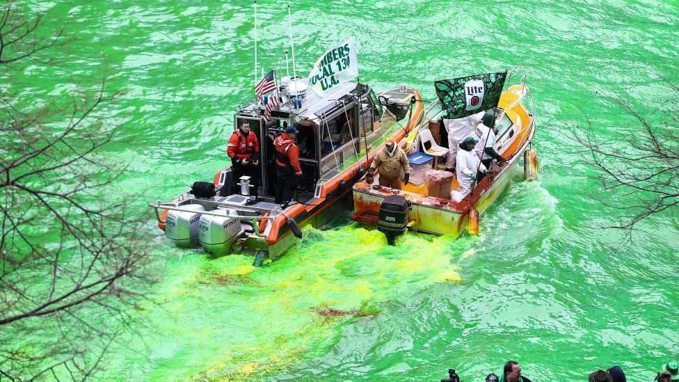 Chicago River is being turned to green for annual St. Patrick's Day celebrations 2018 in Chicago, United States