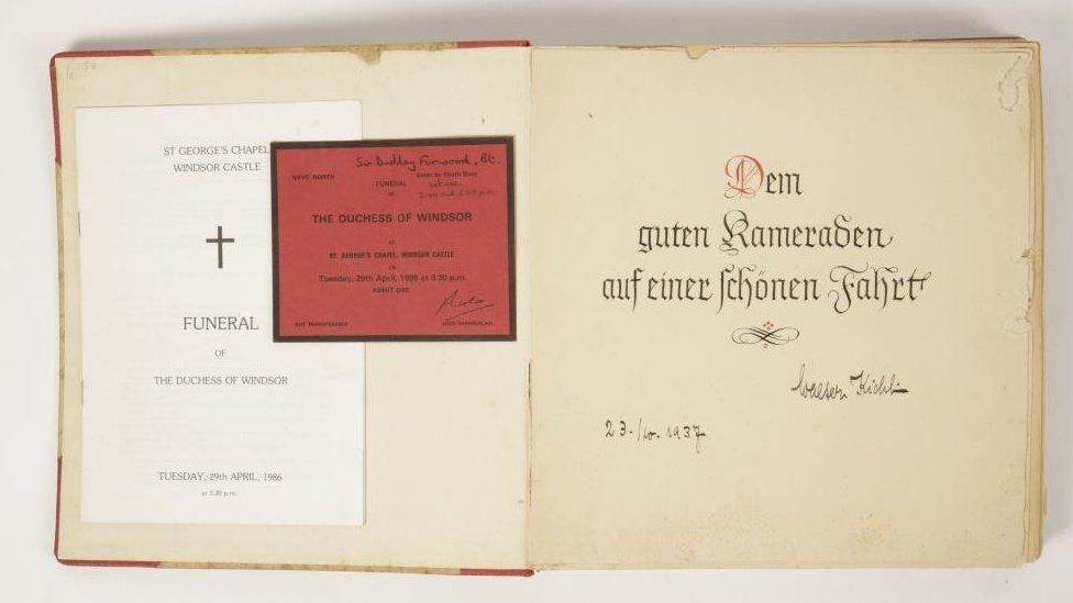 The equerry's invitation to the funeral of the Duchess of Windsor in 1986 and the photo album of the visit to Germany in 1937