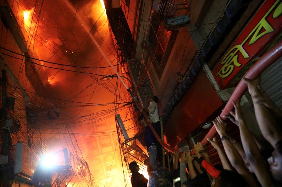 A view of a scene of a fire that broke out at a chemical warehouse in Dhaka, Bangladesh, 20 February 2019.