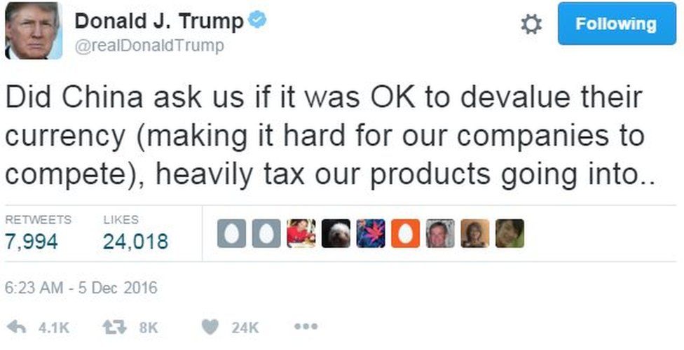 Screencap of Tweet by Donald J. Trump saying: "Did China ask us if it was OK to devalue their currency (making it hard for our companies to compete), heavily tax our products going into.."