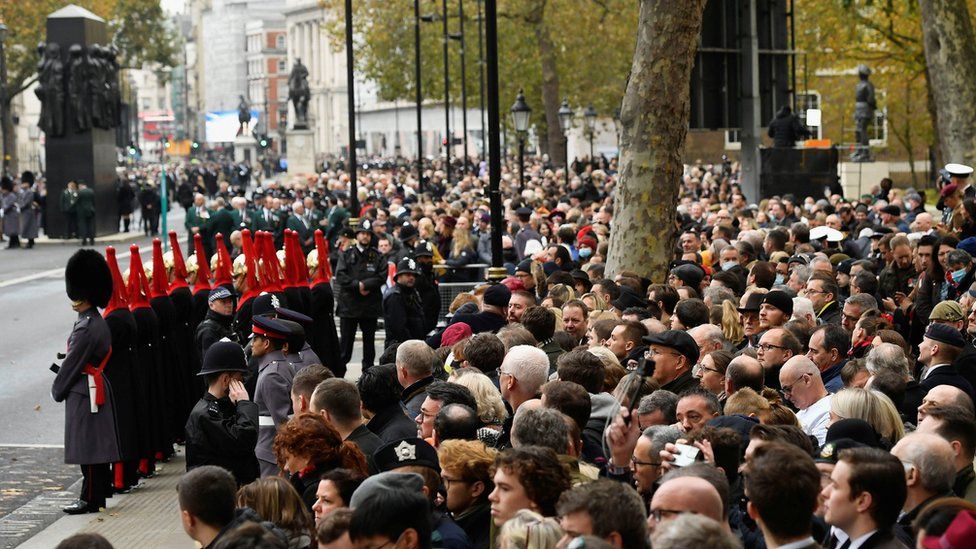 Crowds gather ahead of the Remembrance Sunday service at the Cenotaph