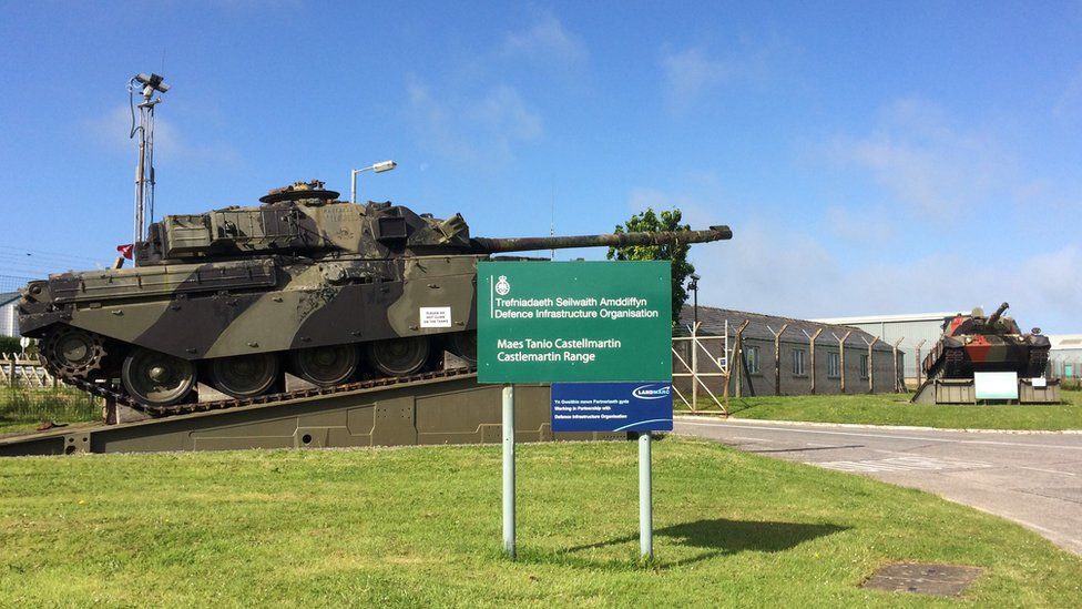 Two tanks at the entrance to the Castlemartin range