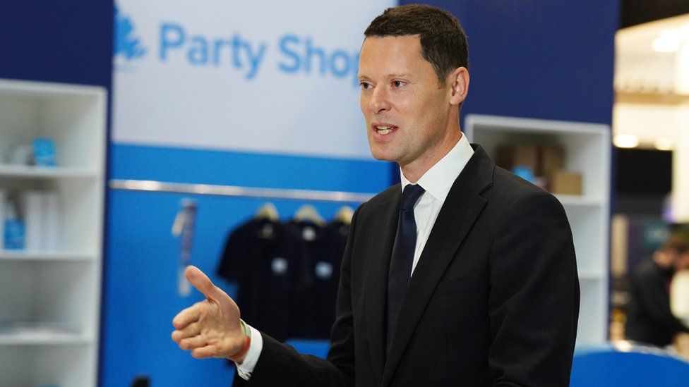 Justice Secretary Alex Chalk is interviewed during the Conservative Party annual conference at Manchester Central convention complex.