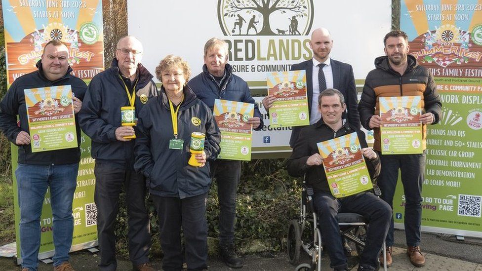 From left: Mark Bennett (Weymouth and Portland Round Table), Tony and Pauline Howden (Dorset and Somerset Air Ambulance local volunteers), Clive Nelson (Senior Manager Active Dorset Redlands ), Adam Luckhurst, Grant Stewkesbury (front) and Oliver Stanton (Weymouth and Portland Round Table.