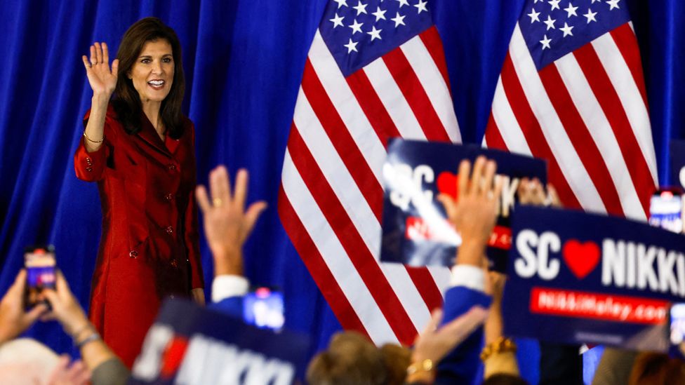 Republican presidential candidate and former U.S. Ambassador to the United Nations Nikki Haley waves at a watch party during the South Carolina Republican presidential primary election in Charleston, South Carolina, U.S. February 24, 2024.