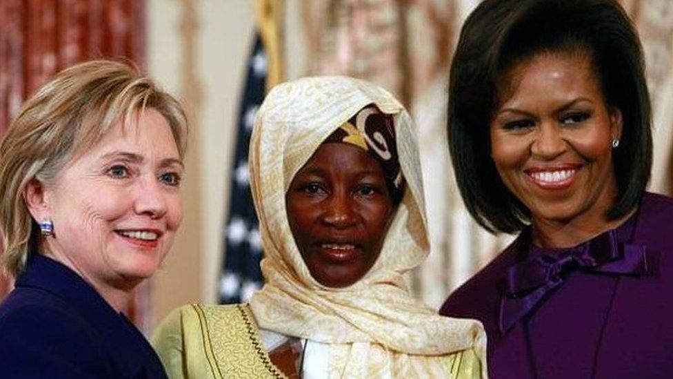 Then Secretary of State Hillary Rodham Clinton with Hadizatou Mani and guest speaker First Lady Michelle Obama in the 3rd annual International Women of Courage Awards ceremony, 2009