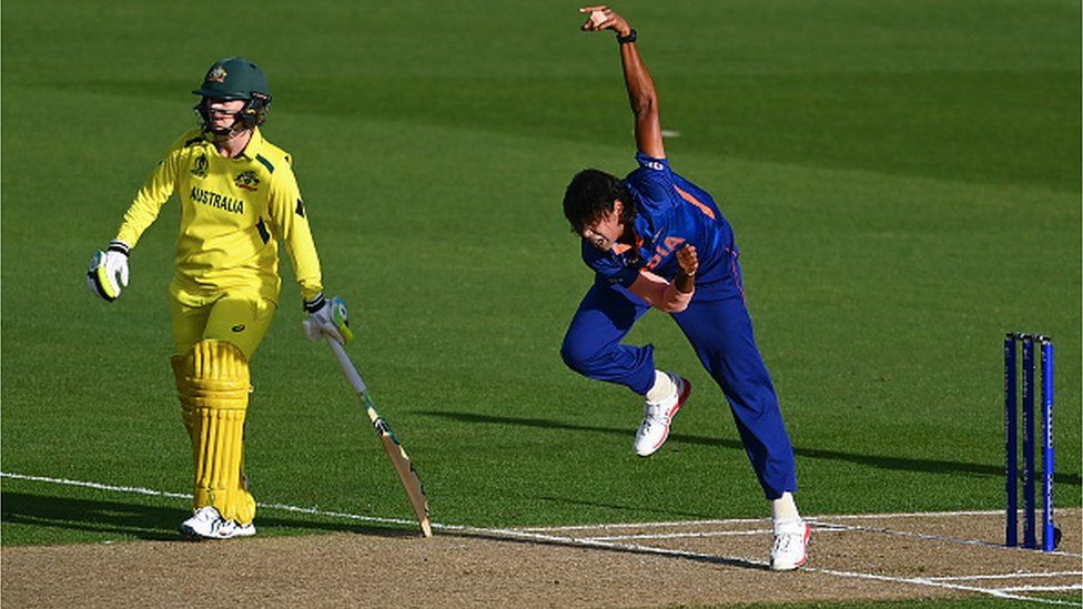 Jhulan Goswami of India bowls during the 2022 ICC Women's Cricket World Cup match between India and Australia at Eden Park on March 19, 2022 in Auckland, New Zealand.