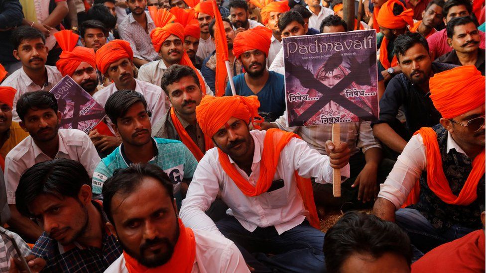 Members of Rajput community attend a protest against the release of the upcoming Bollywood movie "Padmavat" in Mumbai