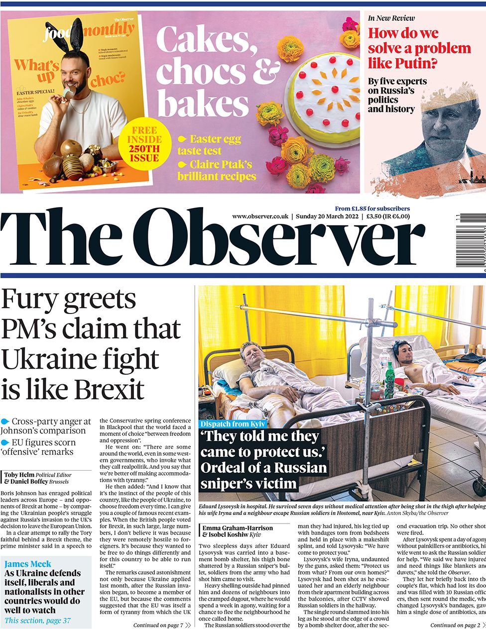 Первая страница The Observer 20 марта 2022 г.