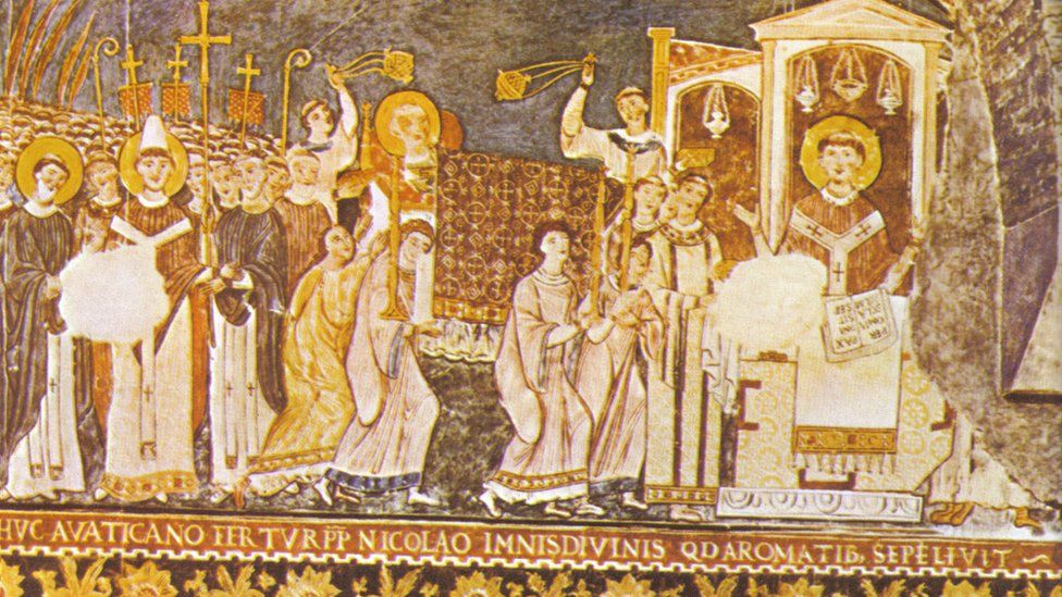 На фреске изображены кости святого Климента, прибывшего в Рим