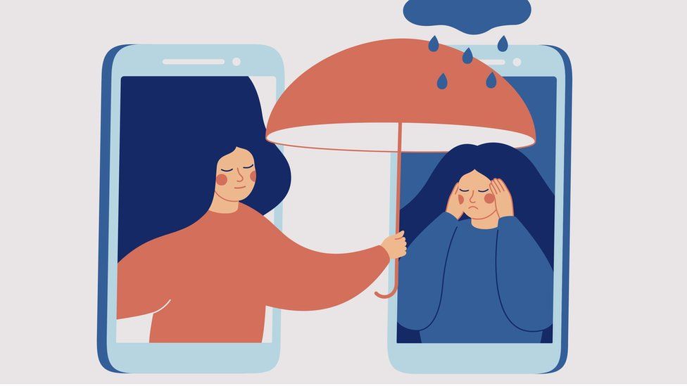 Graphic of one woman holding umbrella over another to signify student support