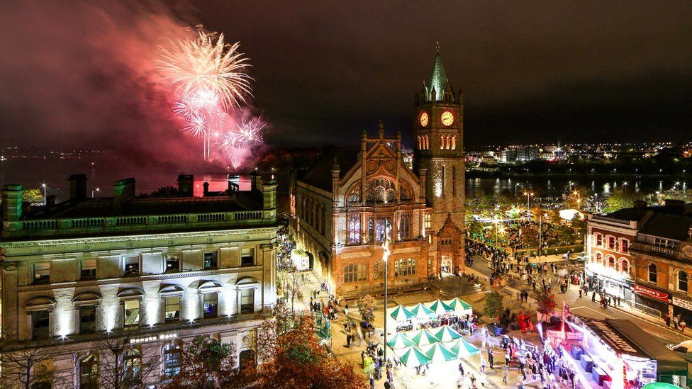 fireworks at halloween over derry's guidhall