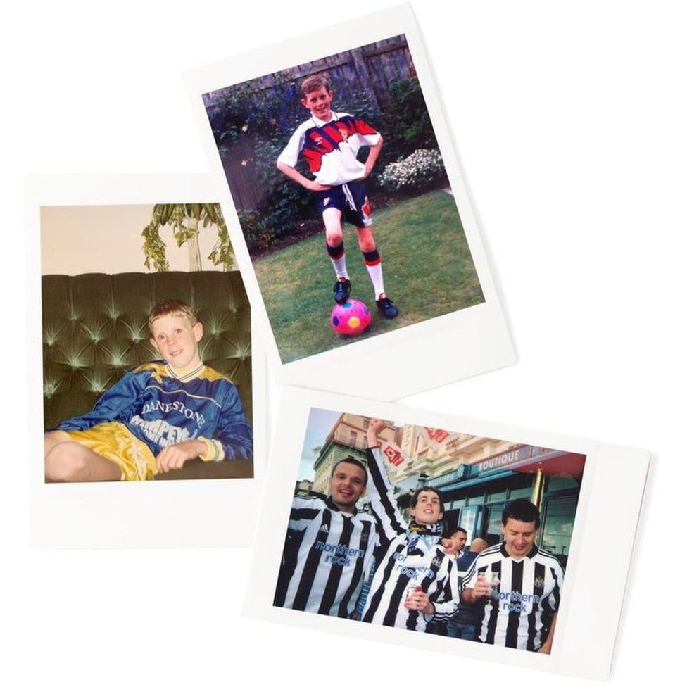 Three photographs of Mike Douglas wearing football kits - including a 1990s Scotland kit, his school team kit and a Newcastle United kit from the 2000s