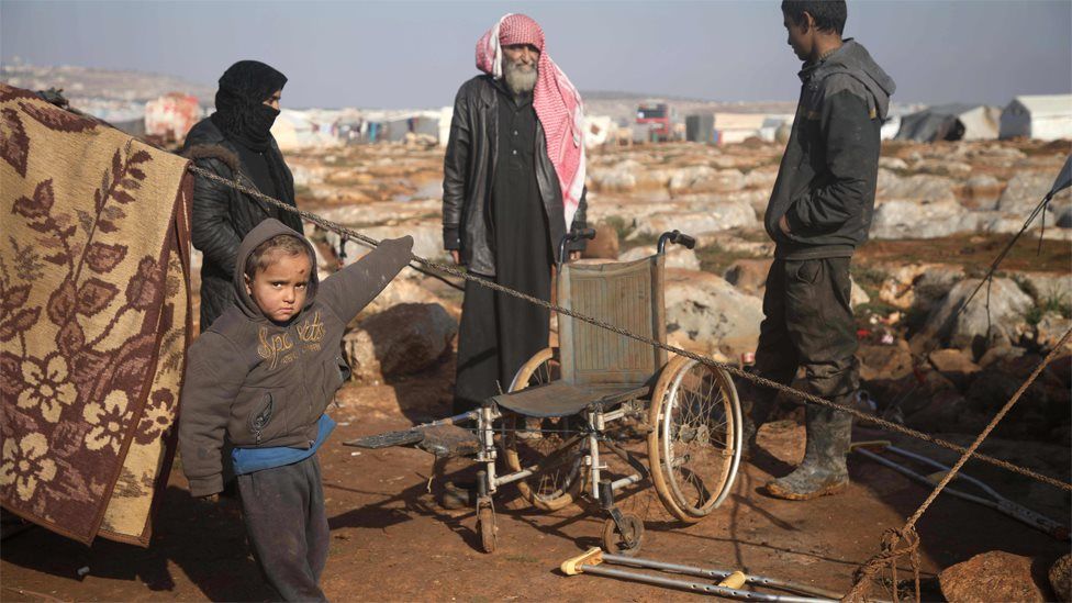 Displaced Syrians at a camp in Kafr Lusin, Idlib province (29 January 2019)