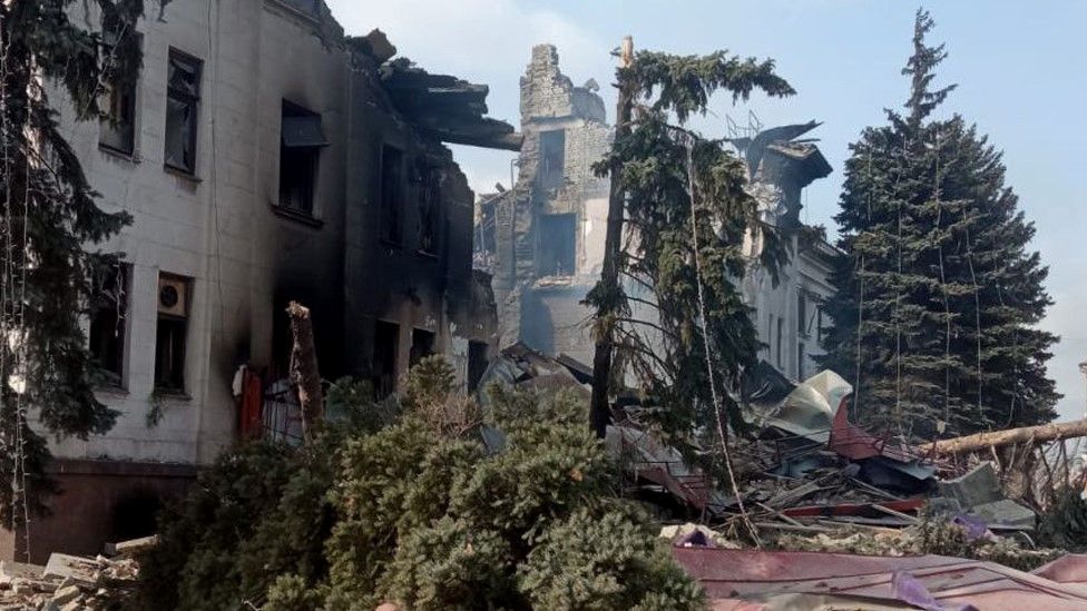 A view of destroyed theatre hall, which was used as a shelter by civilians, after Russian bombardment in Mariupol, Ukraine on 18 March, 2022.