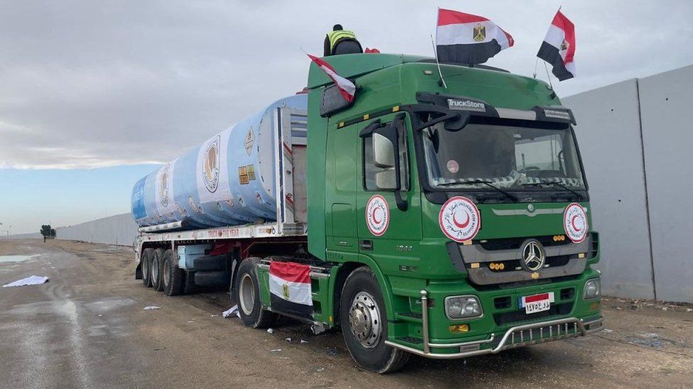 A fuel trucks waits on the Egyptian side of the Rafah crossing, waiting to enter the Gaza Strip on 15 November
