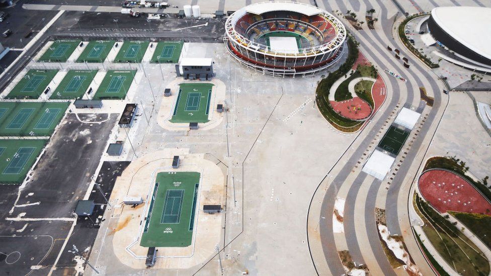 Aerial view of the remains of the tennis facilitie in the Olympic Park on 17 March 2017