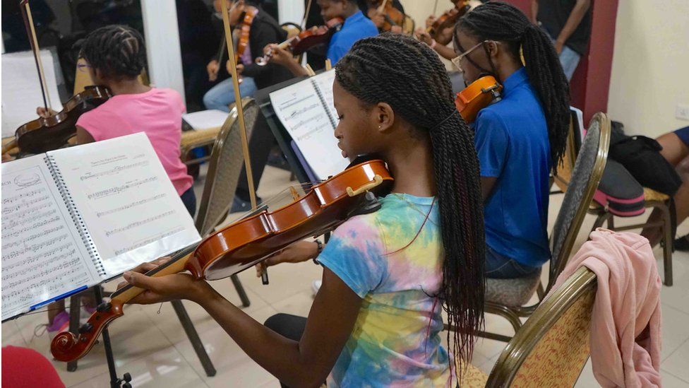 Members of the Antigua and Barbuda Youth Symphony Orchestra during a practice session