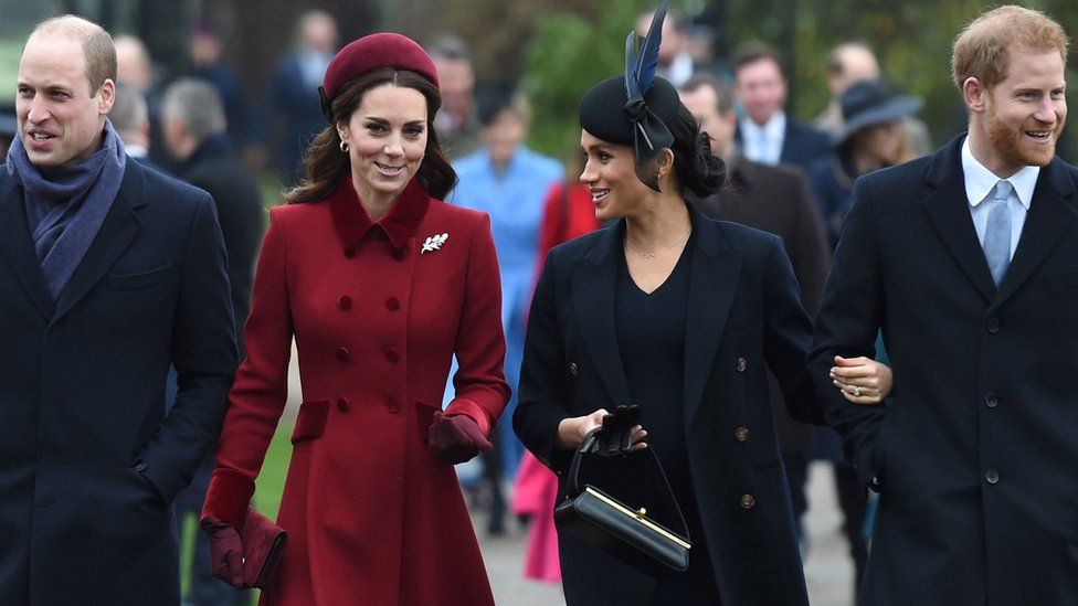 The Duke and Duchess of Cambridge and the Duke and Duchess of Sussex arriving to attend the Christmas Day church service at Sandringham