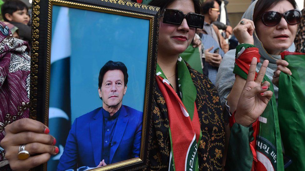 Supporters of jailed former Prime Minister Imran Khan shout slogans during an election campaign and for the release of Khan from prison, in Karachi, Pakistan, 28 January 2024