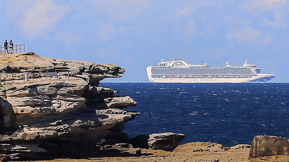 The Ruby Princess cruise ship sails off the coast of Sydney, Australia, 04 April 2020