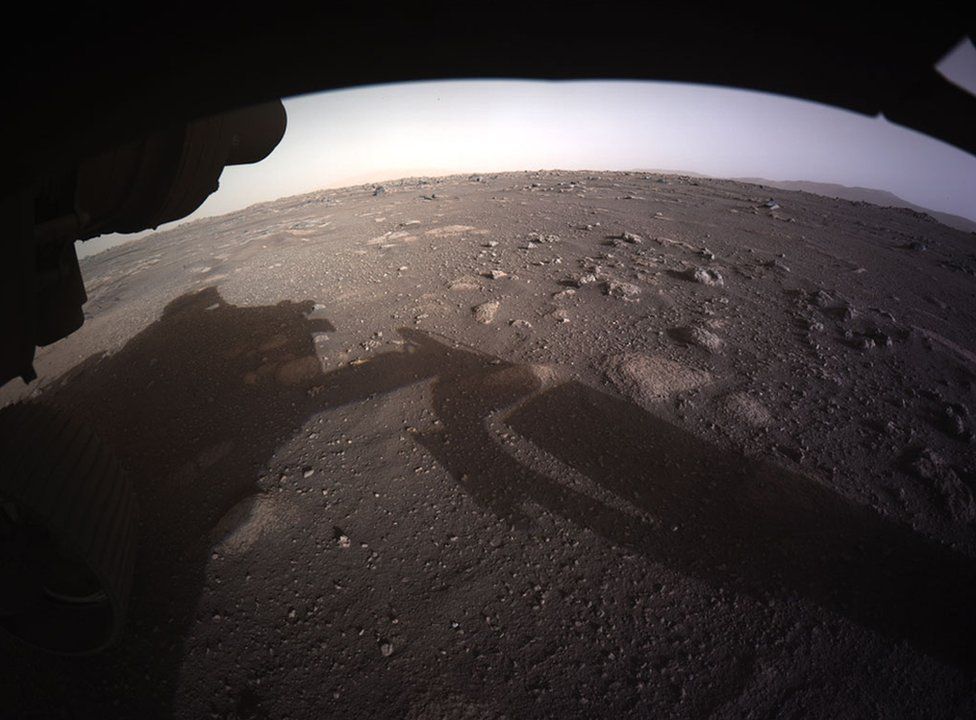 Colour image of Mars taken by the Hazard Cameras on the underside of Nasa's Perseverance Mars rover